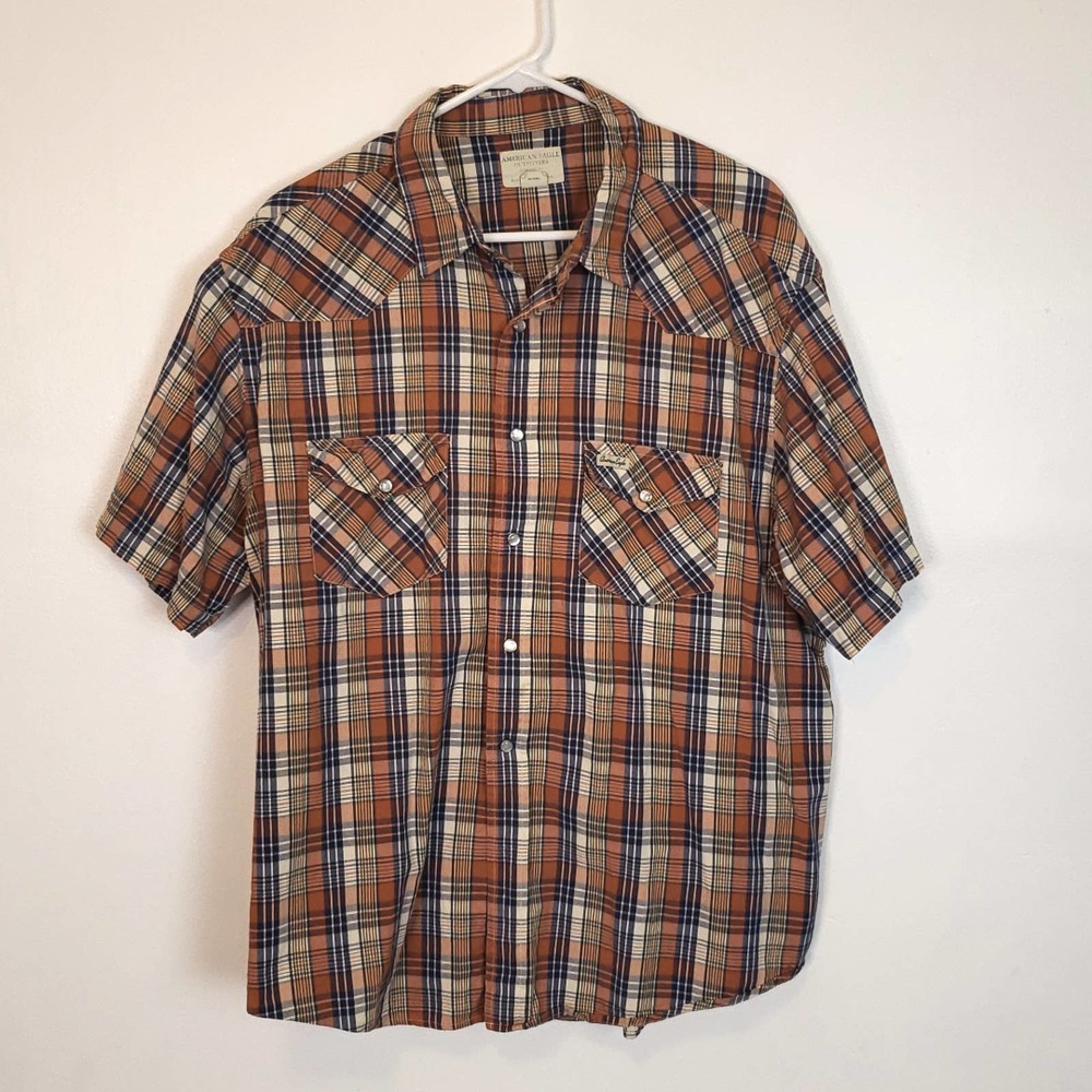 American Eagle Outfitters Men's Short Sleeve Plaid Snapfront Sz LG